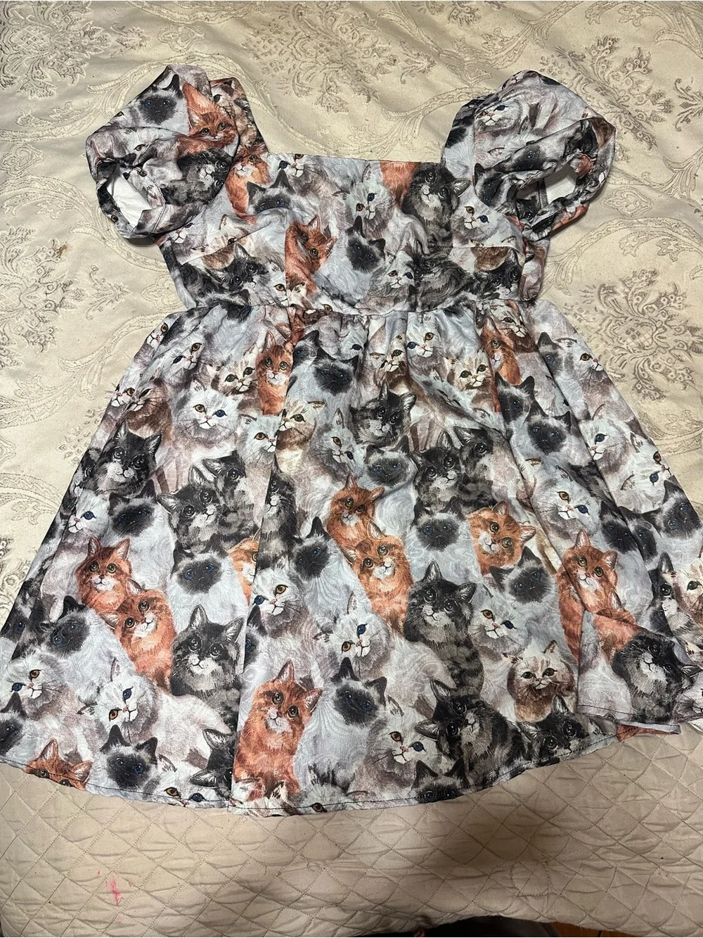 SHEIN MOD Cat Face Print Short Puff Sleeve Dress - Picture 1 of 4